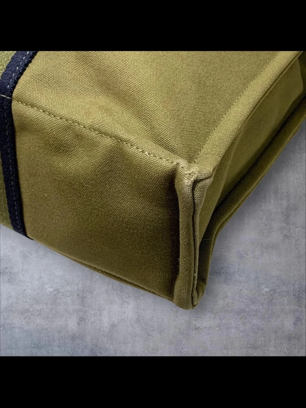 Hermes Olive Green Canvas Tote with Navy Stripe Handles
